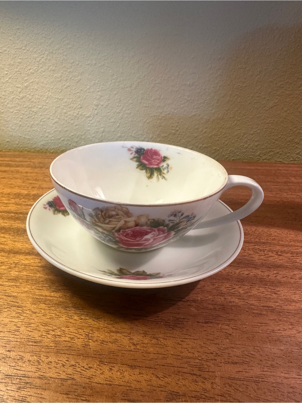 Vintage White Teacup and Saucer with Pink Rose Motif